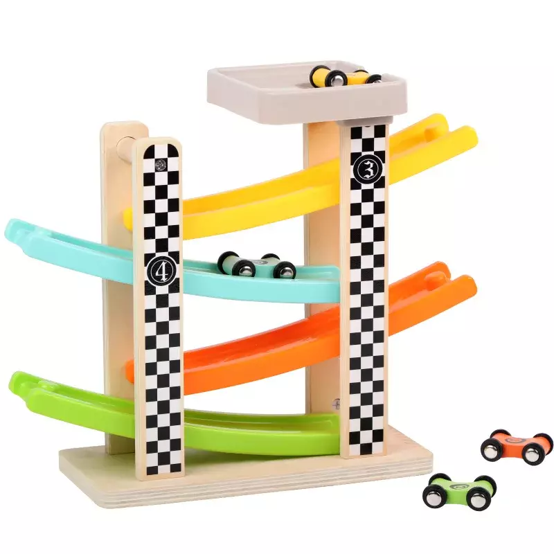 Brinquedo de madeira do bloco da educação da pré-escola do carro da corrediça de 4 faixas com 4 carros