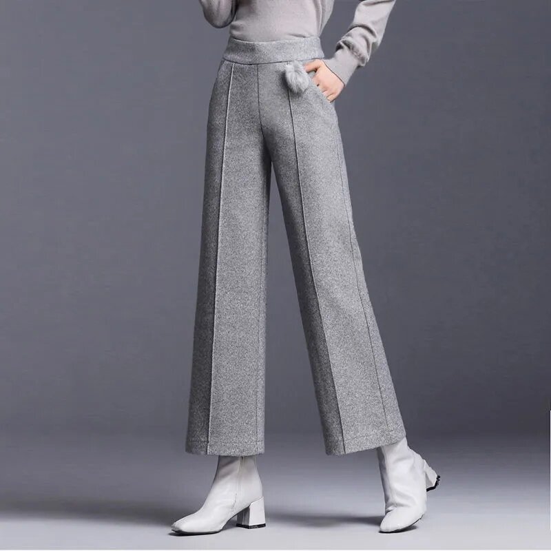 Oversize 4Xl Formal Pinstripe Wide Leg Pants High Waist Ankle Length Work Pantalones Autumn Loose Woolen Blend Womens Trousers
