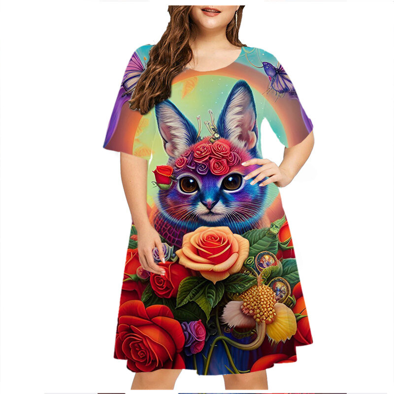Robe trapèze à manches courtes pour femmes, robe de chat mignonne, robe de rue décontractée, robe à imprimé floral Chimbike, grande taille, élégante, douce, drôle, été