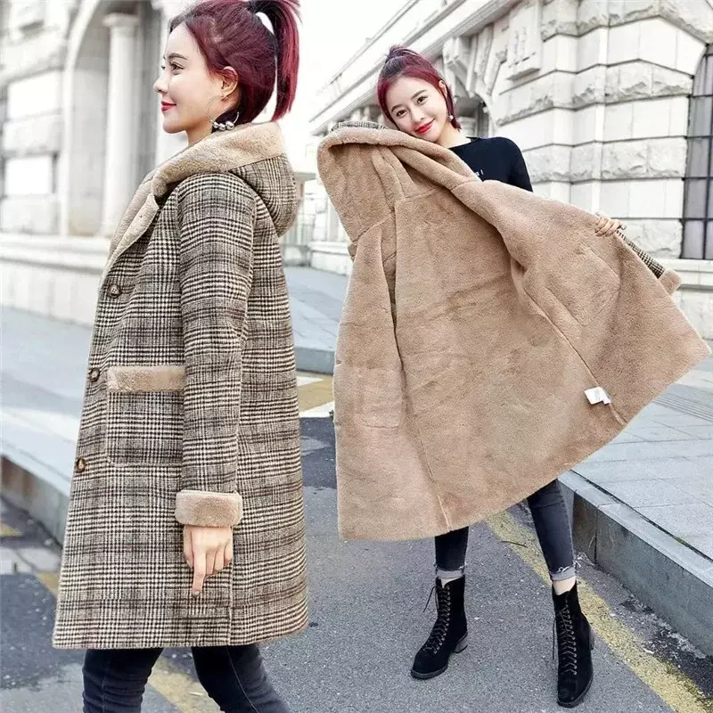 Abrigo de lana con capucha para mujer, chaqueta gruesa de un cuerpo con pelo de piel, mantiene el calor, medio largo, invierno, 2024