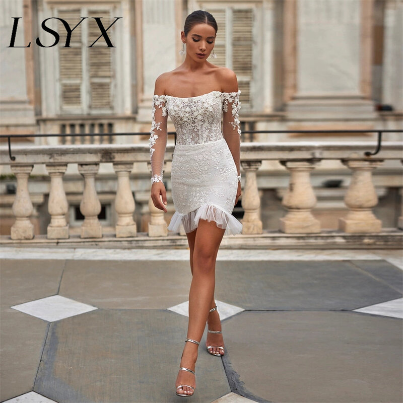 LSYX-Mini vestido de novia de tul para mujer, Vestido corto de manga larga con cuello Barco, espalda abierta por encima de la rodilla, hecho a medida