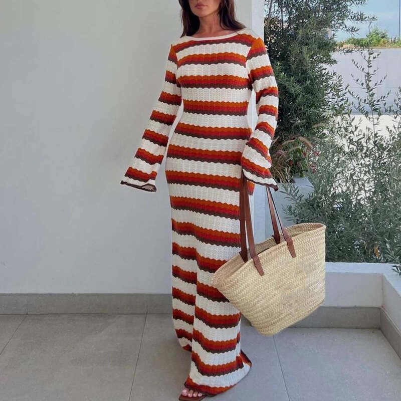 Fashion Knitted Crochet Stripe Maxi Dress Women Elegant Horn Sleeve Beach Long Dress Female Holiday Evening Party Dresses