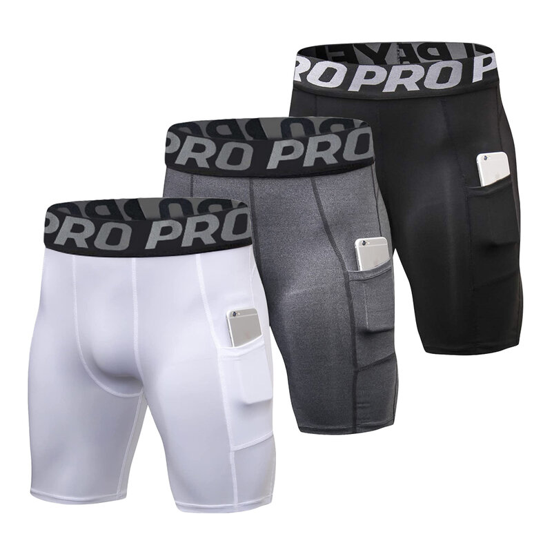 Shorts de ginástica com bolsos para homens, leggings de compressão, cuecas boxer poliéster, calças justas esportivas de basquete