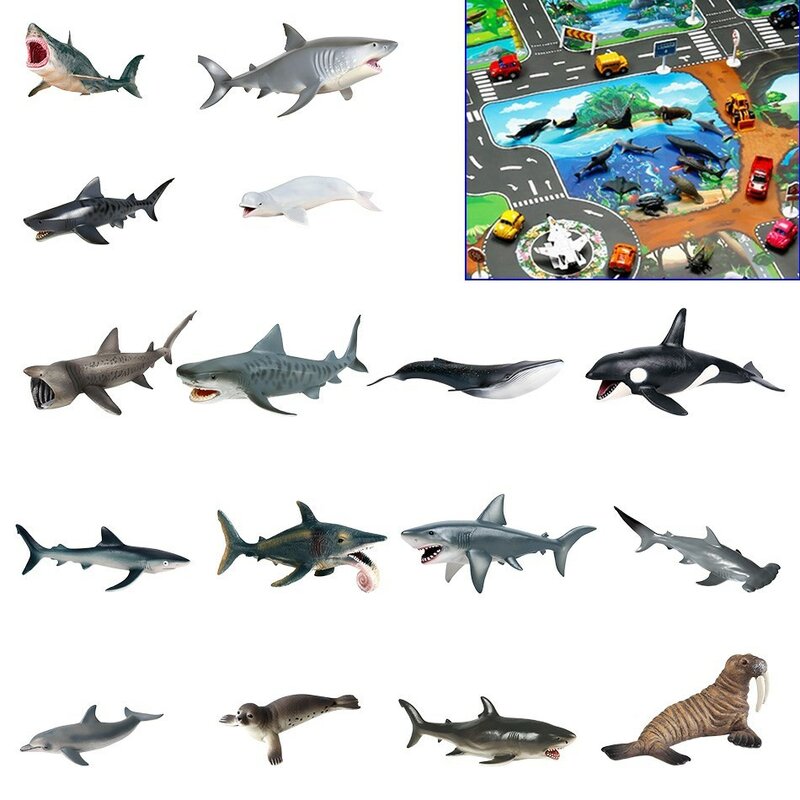 Modelo de vida marina simulada para niños, gran tiburón blanco gigante dentado, ballena, tiburón tigre, tiburón azul, adornos de juguete