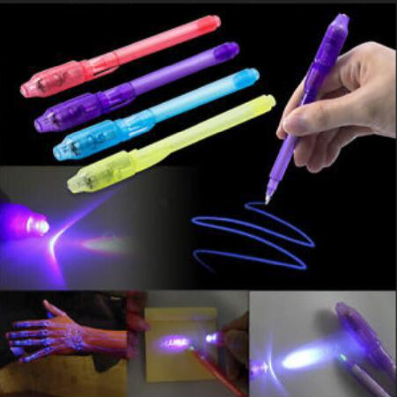 子供のための魔法の明るいペン、2 in 1、uvブラックライト、コンボ描画、目に見えないインク、学習、教育玩具、紫、4個/ロット