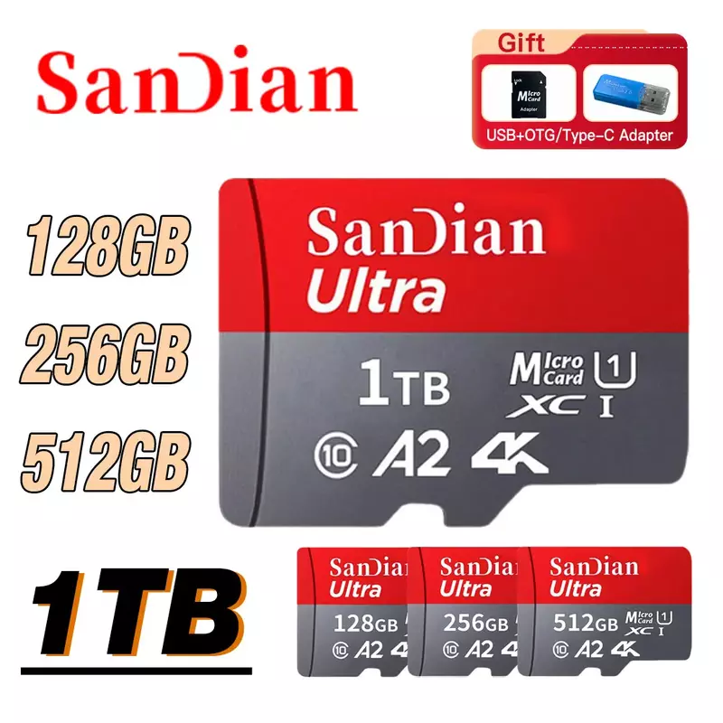 Cartão de Memória Flash de Alta Velocidade, 512GB Cartão Micro TF SD, 128GB, 256GB, 1TB, Cartão TF, Cartão Gravador de Condução, 64GB, 2TB, Câmara, 100% original