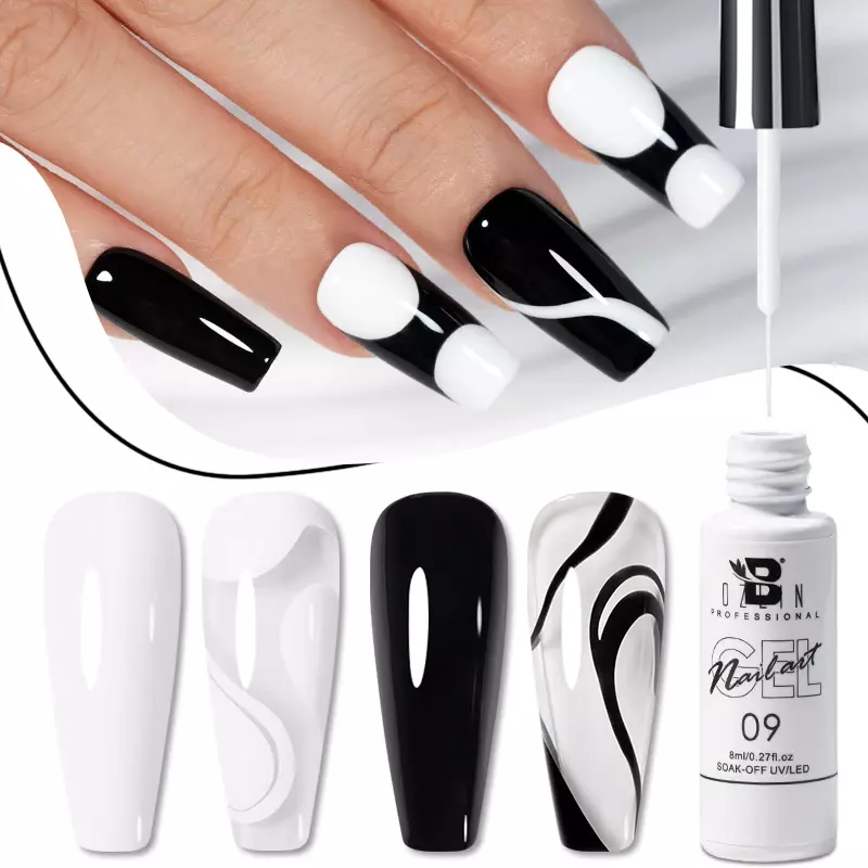 BOZLIN-esmalte de uñas en Gel UV, barniz semipermanente, pintura francesa, línea de dibujo, color blanco y negro, 8ML