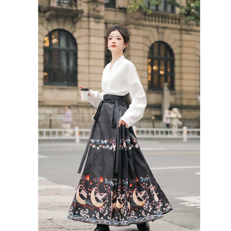 Chinese Hanfu Women's Improved Hanfu Floral Print Horse Face Skirt Spring And Autumn Women Daily Hanfu Suit Chinese Dress Set
