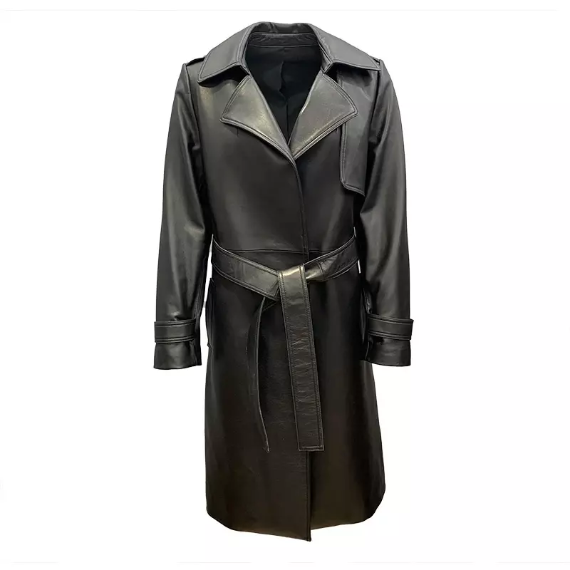 2022 Spring Autumn Women Leather Trench Lady Genuine Sheepskin Long Coats Windbreaker Female Leather Overcoat TS4850