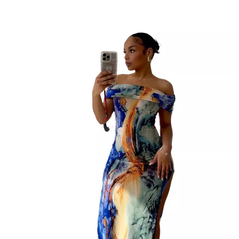 여름 휴가 여성용 캐주얼 원피스 타이 다이 인쇄 슬래시 넥 하이 스플릿 섹시한 드레스, 실제 사진 도매