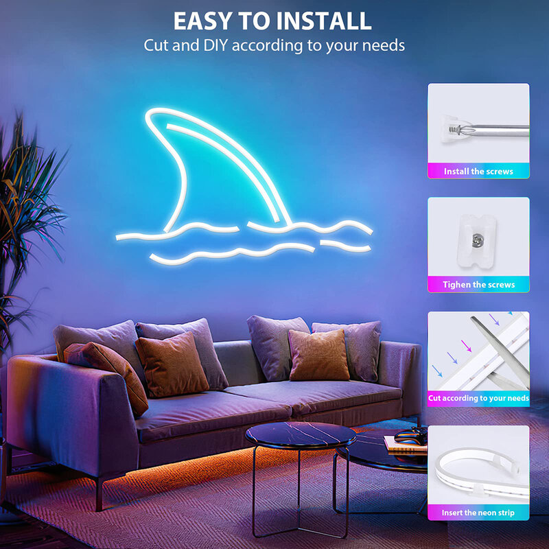 Preto-Fita de Silicone LED Neon, 2.4G, WiFi, Controle de Aplicativos, Forma DIY, Compatível com o Google Assistente, Casa Inteligente