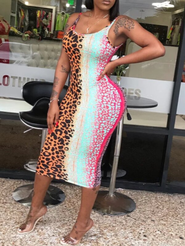 Lw Farbverlauf Leoparden muster Bodycon Cami Kleid Bandage Design mehrfarbige Sommer Overalls Ärmel sexy dehnbare U-Ausschnitt Vestidos