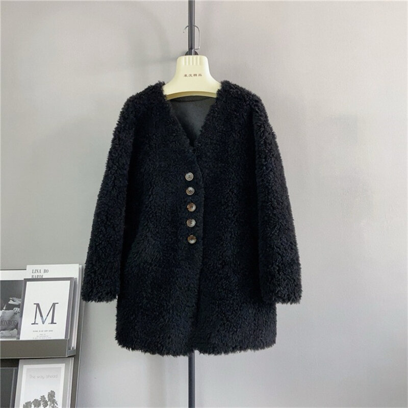New Lambswool Warm Coat Women Black Wool Loose Soft Medium-length V-Collar  Winter Jacket PT436