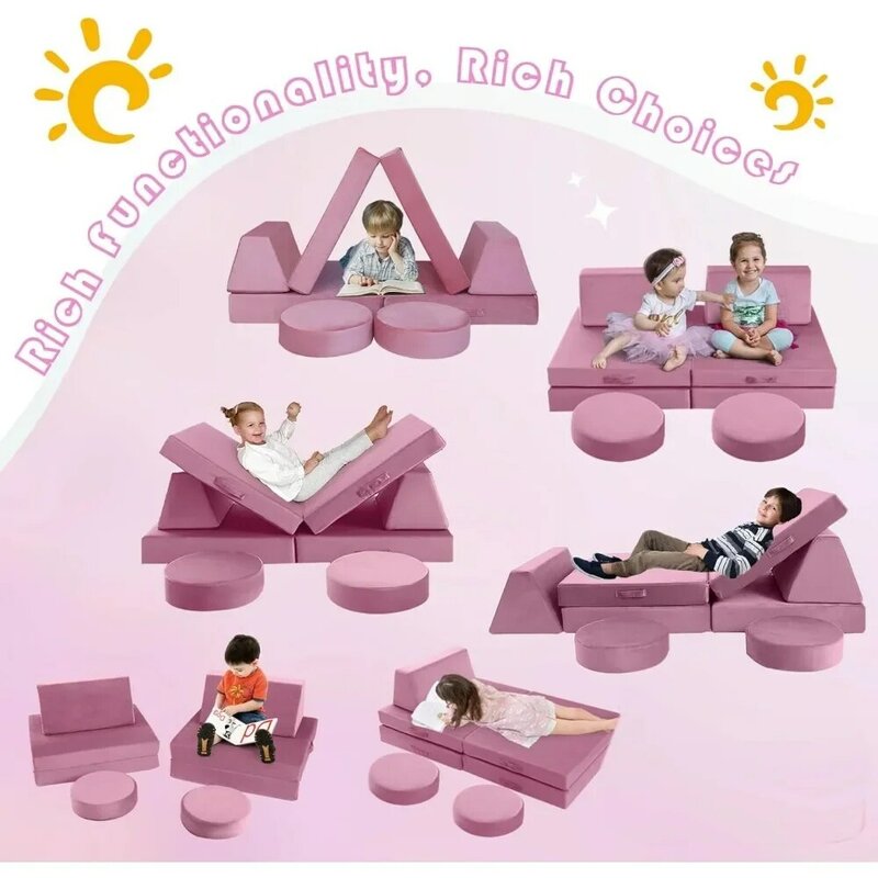Kids Couch Sofa Modular Toddler Couch For Playroom, 8-Piece Fold Out Baby Couch Play Set, Children Convertible Sofa Foam