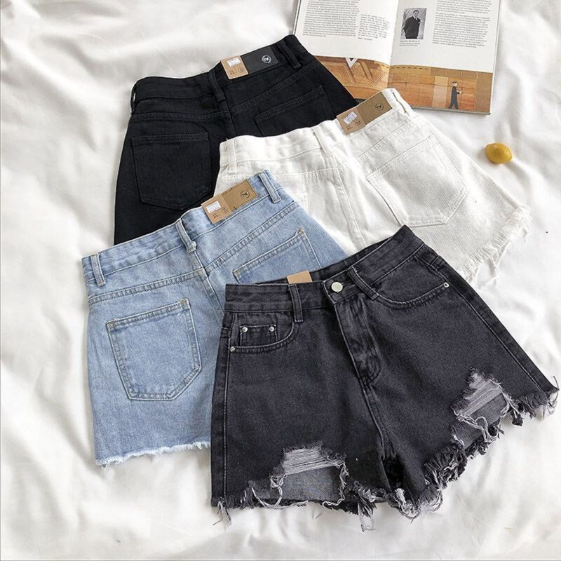 Шорты женские джинсовые с дырками, модные короткие брюки с завышенной талией и широкими штанинами, Дизайнерские повседневные уличные Короткие штаны в Корейском стиле, 2024