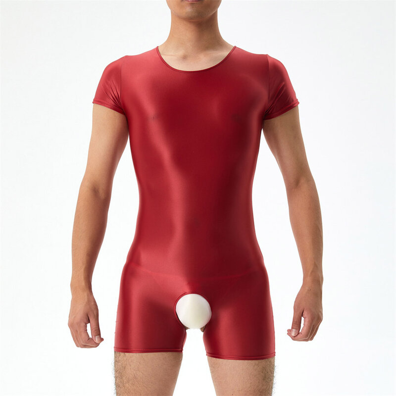 Bodysuit pria seksi Jumpsuit Leotard berkilau minyak pakaian dalam ketat tanpa tali tangki elastis ramping Lingerie halus ultra-tipis padat