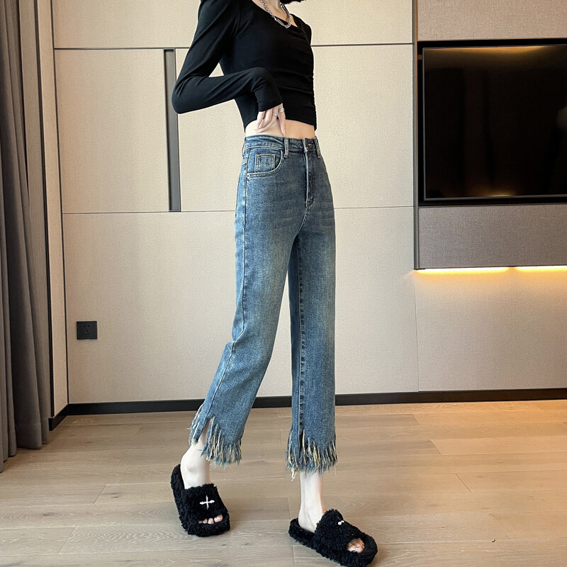 Calça jeans feminina de cintura alta fina borla, azul, pequena, com cigarro de 9 pontos, estilo Y2K, nova moda, frete grátis, 2023