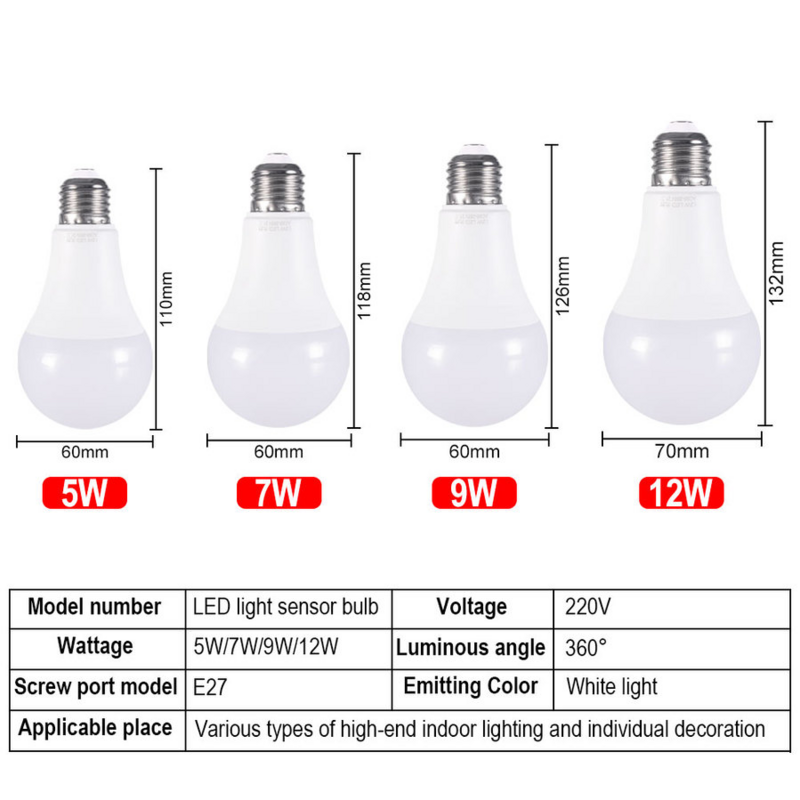 Bombillas LED con Sensor inteligente, iluminación de jardín al aire libre con Sensor de luz E27 de 5W a 12W, 85-265V de CA