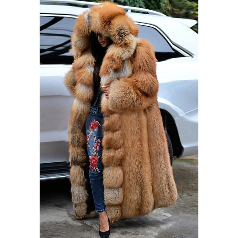 Manteau marron à capuche en fausse fourrure, manches longues, grande taille, 03 manteau