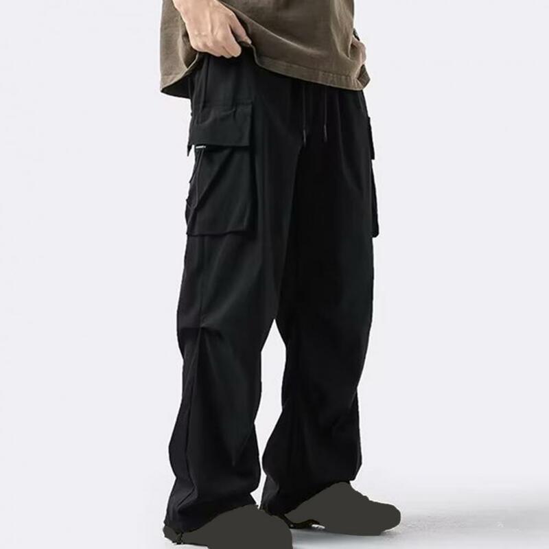 Męskie proste nogawki uniwersalne męskie spodnie Cargo z z wieloma kieszeniami detalami ze sznurkiem elastyczna talia dla odzież na co dzień