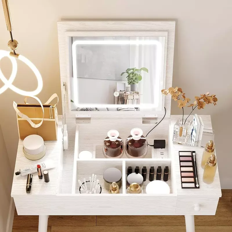 Makeup Vanity Organizer Black Home Furniture Luxury Vanity Desk Set With LED Lighted Mirror & Power Outlet for Bedroom Bathroom