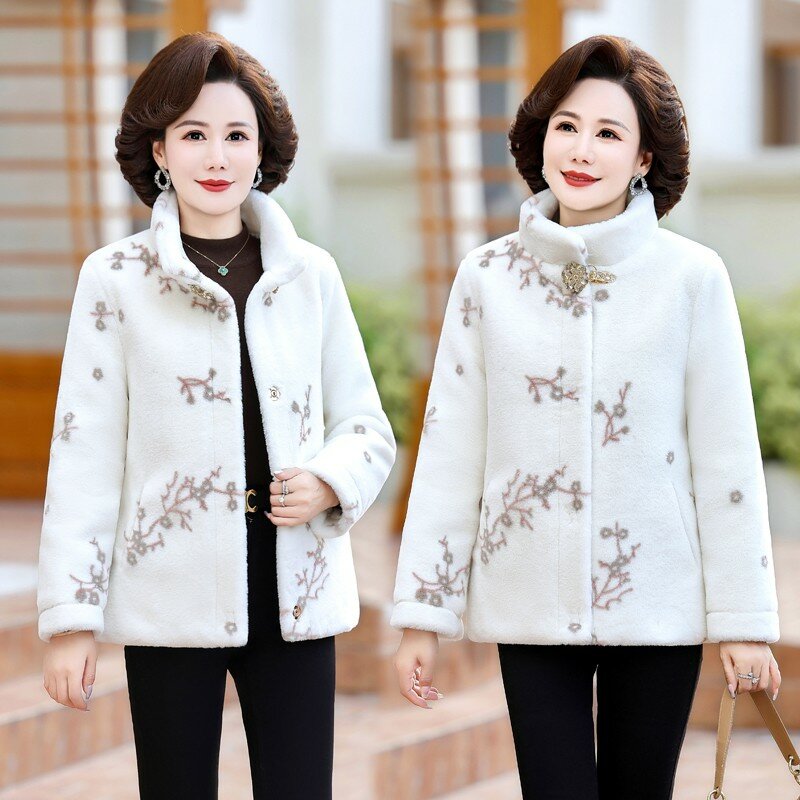 여성용 두꺼운 스탠딩 칼라 재킷, 중년 어머니 따뜻한 코트, 인조 모피 코트, 2023 가을 겨울