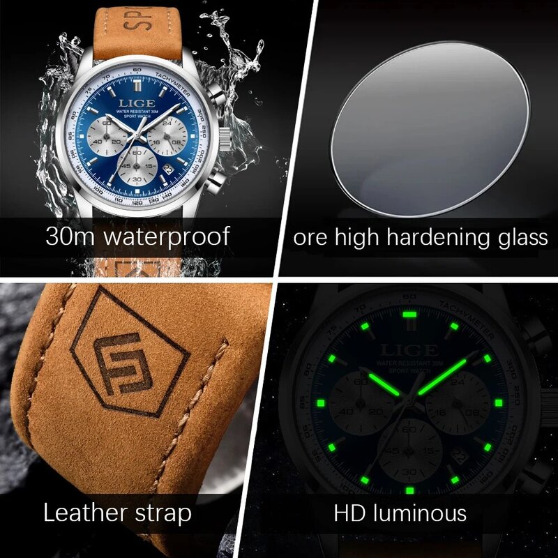 LIGE 남성용 럭셔리 시계, 하이 퀄리티 방수 크로노그래프 야광 손목 시계, 가죽 쿼츠 시계, 캐주얼 시계