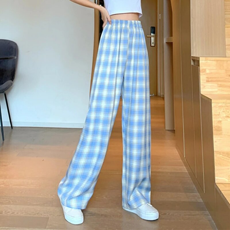 Pantalones de pierna ancha a cuadros para mujer, color verde claro, azul, cuadrícula púrpura, rosa, amarillo claro, Harajuku, estilo coreano, cintura alta