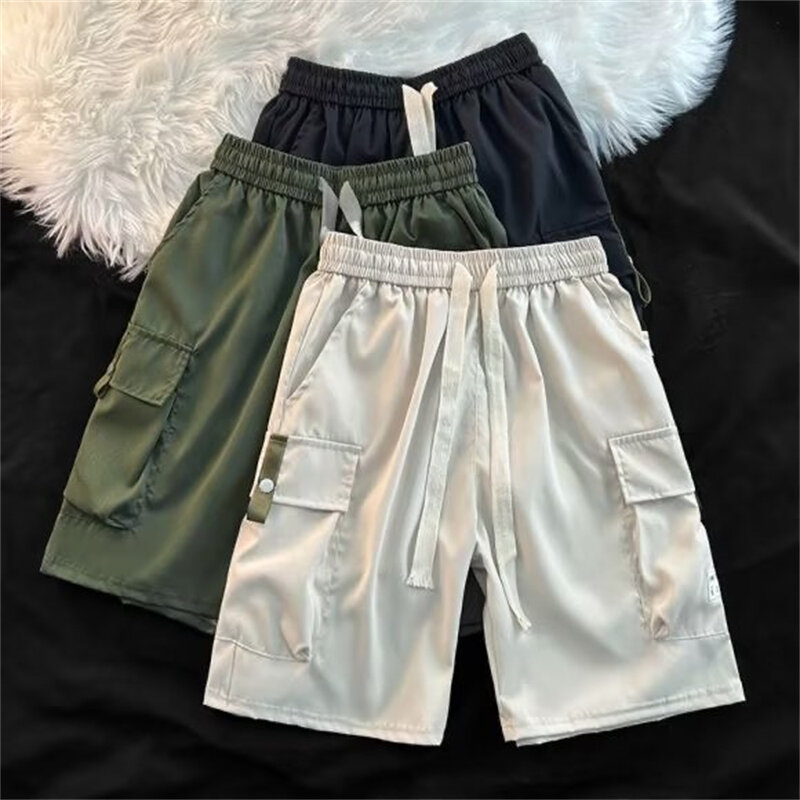 Calça curta esportiva elástica masculina, calção leve, bolsos grandes, monocromática, plus size, verão e primavera, E172