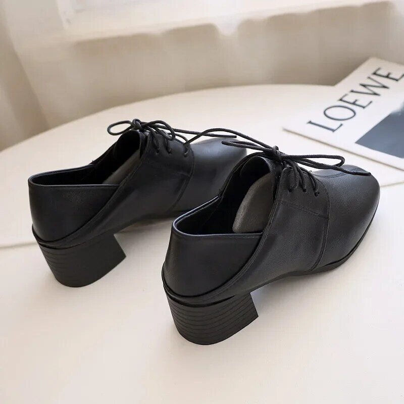 Vintage Black Sandals Women Lace-Up Non-Slip Casual Medium Heels Office Ladies Solid Elegant Heels Pumps Korean
