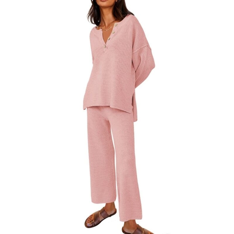 Stilvolles zweiteiliges Pullover-Set, langärmliges Strickpullover-Oberteil und Hose mit weitem Bein für Damen