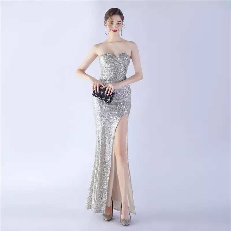 Sladuo Women's Sequin Dress Sexy Strapless Sleeveless With Slit Long Merrmaid Party Maxi Dress
