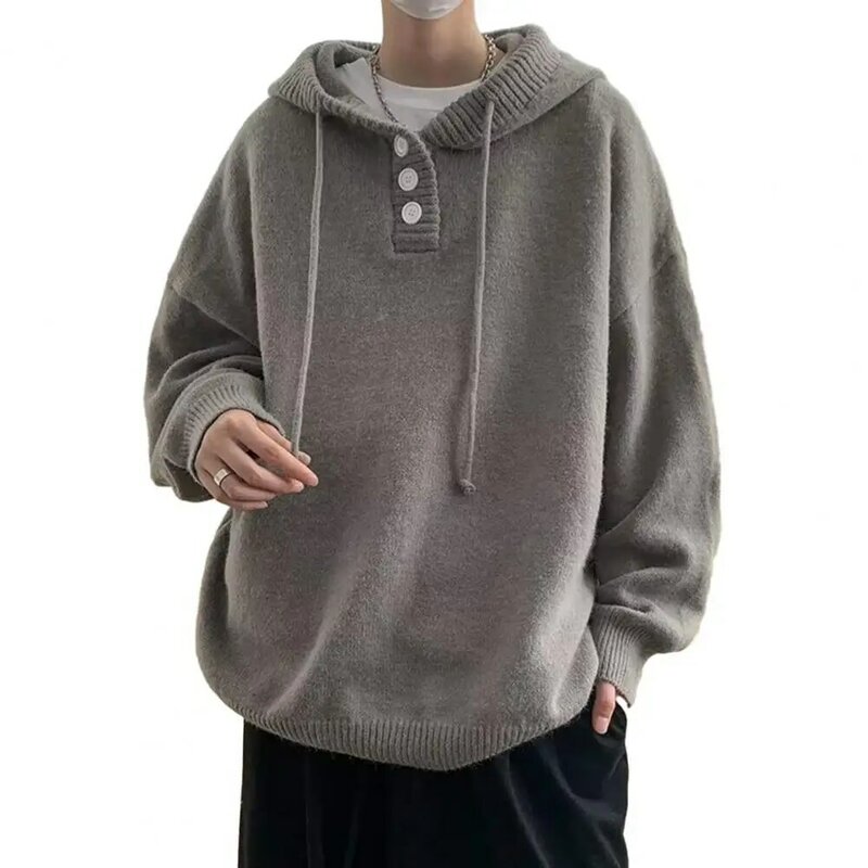 Men Polyester Sweater Men's Vintage Streetwear Hooded Sweater with Drawstring Knitted Elastic Long Sleeve Fall Winter Solid