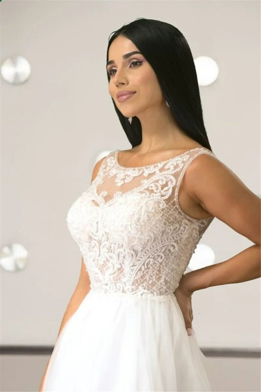 Elegant Sleeveless Bride Dress Exquisite O-Neck Draped Spanish A-Line wedding dress Appliques Custom Made Dresses