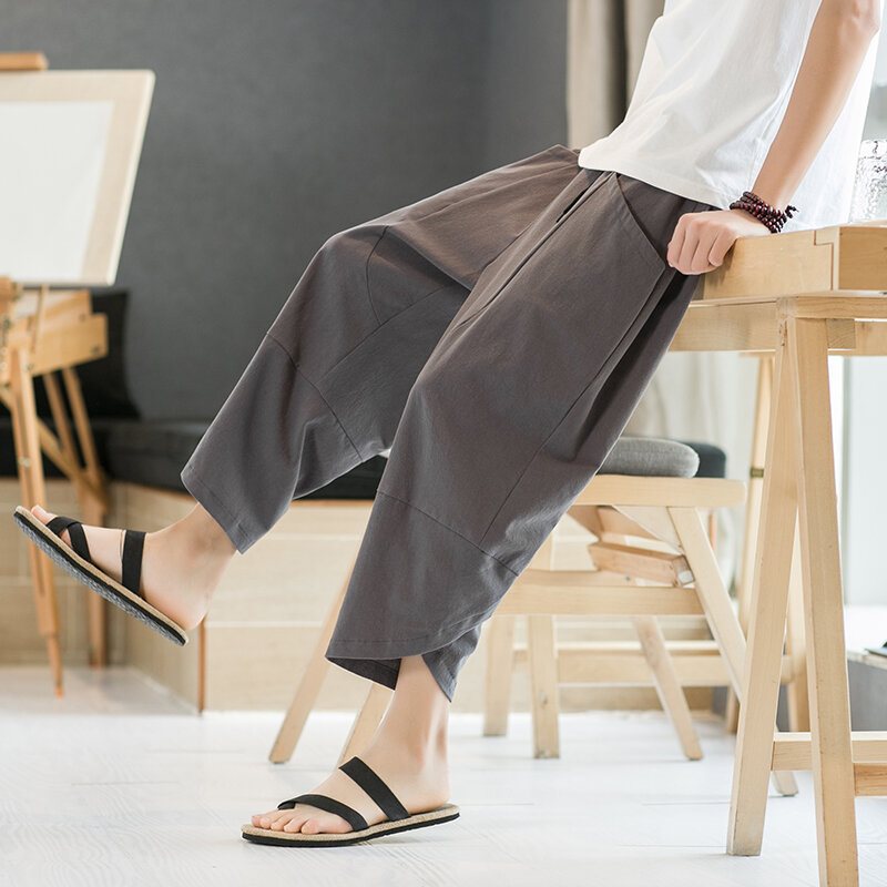 Pantalon lino hombre Pantalones japoneses de lino de algodón con cintura elástica para hombres, verano sueltos y transpirables, color sólido de lino, ropa de calle y talla 5XL