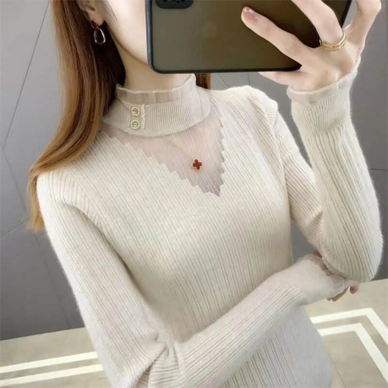 2023 New Spring Autumn Women's Sweater Turtleneck Pullover Slim Solid Warmth Comfort Pendulous Feel Knitted Jumper Pull Femme