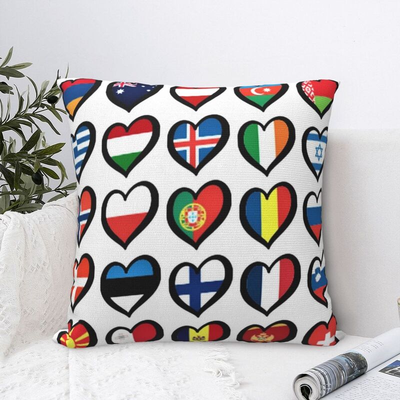 Eurovision Song Contest Flags Hearts Square Pillowcase Polyester Pillow Cover  Decor Comfort Throw Pillow For Home Living Room