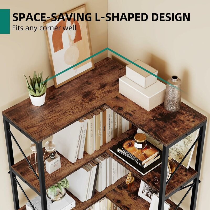Corner Bookshelf, Industrial Corner Shelf 5 Tier Bookcase, Large Display Rack Storage for Bedroom, Living Room, Home Office