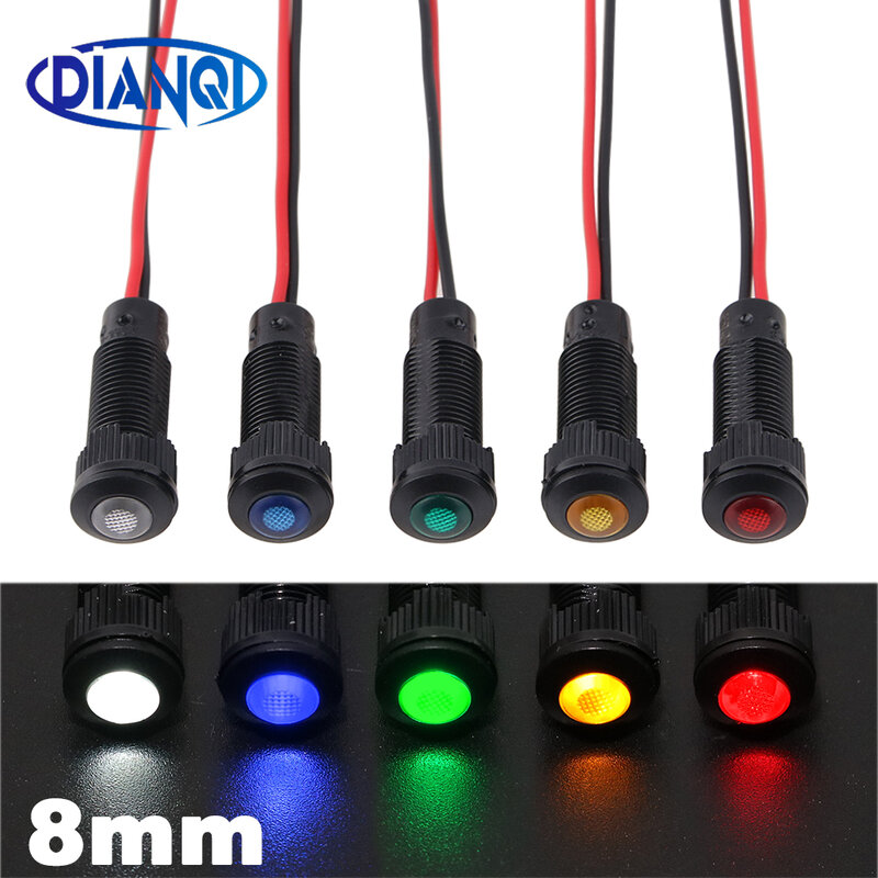 Mini aviso LED piloto sinal lâmpada com fio, luz indicadora de plástico, vermelho, amarelo, azul, verde, oxidado, 8mm, 6V, 12V, 24V, 220V, 1Pc