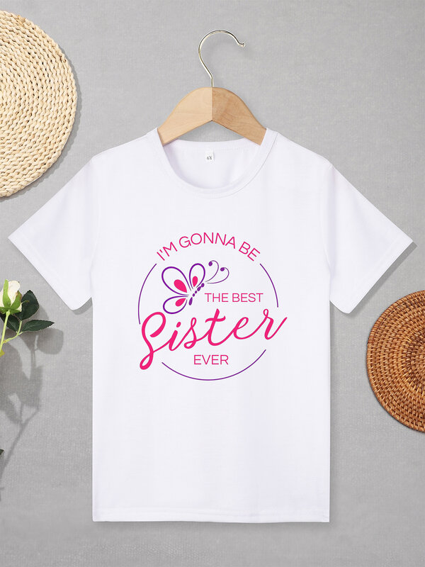 Sweet Cute Girl Clothes “I'm Going Be The Best Sister Ever” Print Aesthetic 2-7 Years Kids T Shirt Short Sleeve Round Neck White