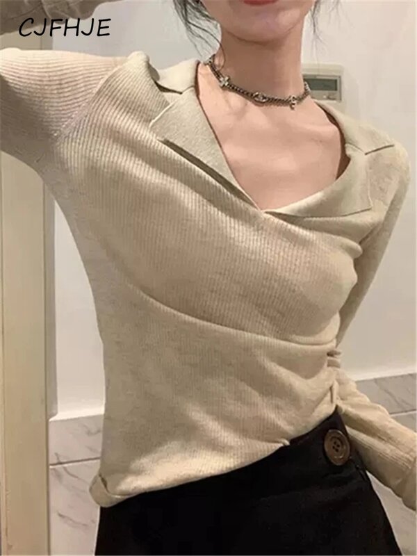 CJFHJE-Suéter monocromático de malha com pescoço polo, blusa casual, slim fit, manga comprida, francês, suave, moda coreana, novo, outono