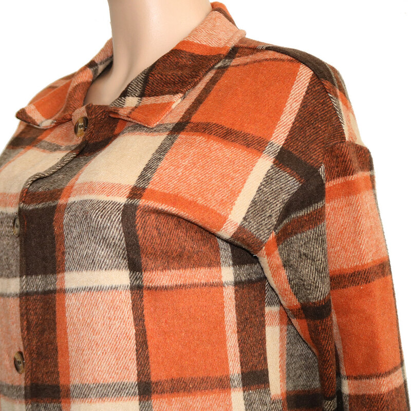 Women Long Plaid Jackets Long Sleeve Fashion Plus Size Shirt Autumn Winter Windproof Casual Woolen Streetwear