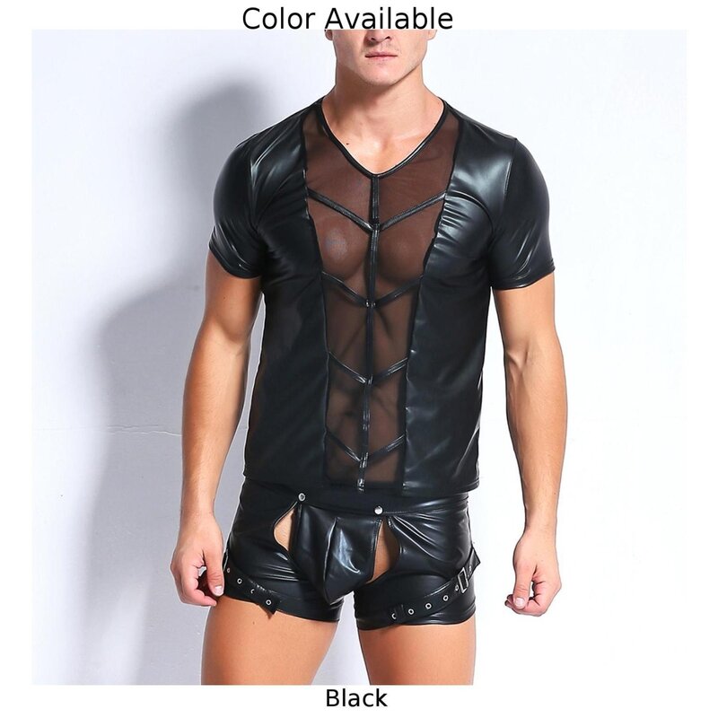 Mens Top Black Blouse Clubwear Faux Leather Mesh Muscle Sheer Short Sleeve Slim Fit Splice T-Shirt Tank Tops Hot