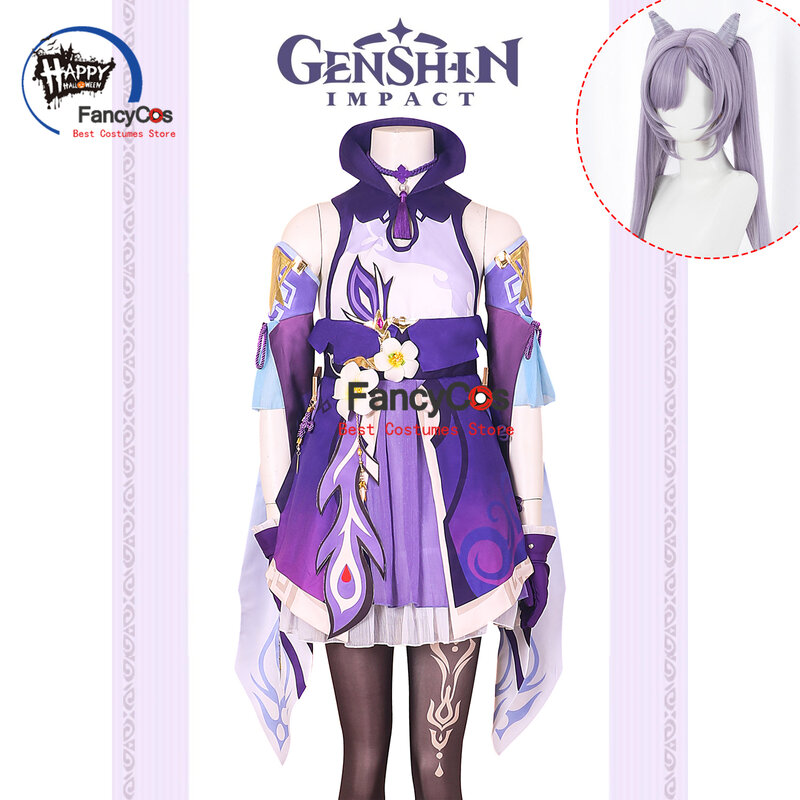 Genshin Impact Keqing Cosplay kostiumy jednolita peruka Cosplay Anime kostiumy na Halloween dla kobiet Cosplay kostium na zamówienie