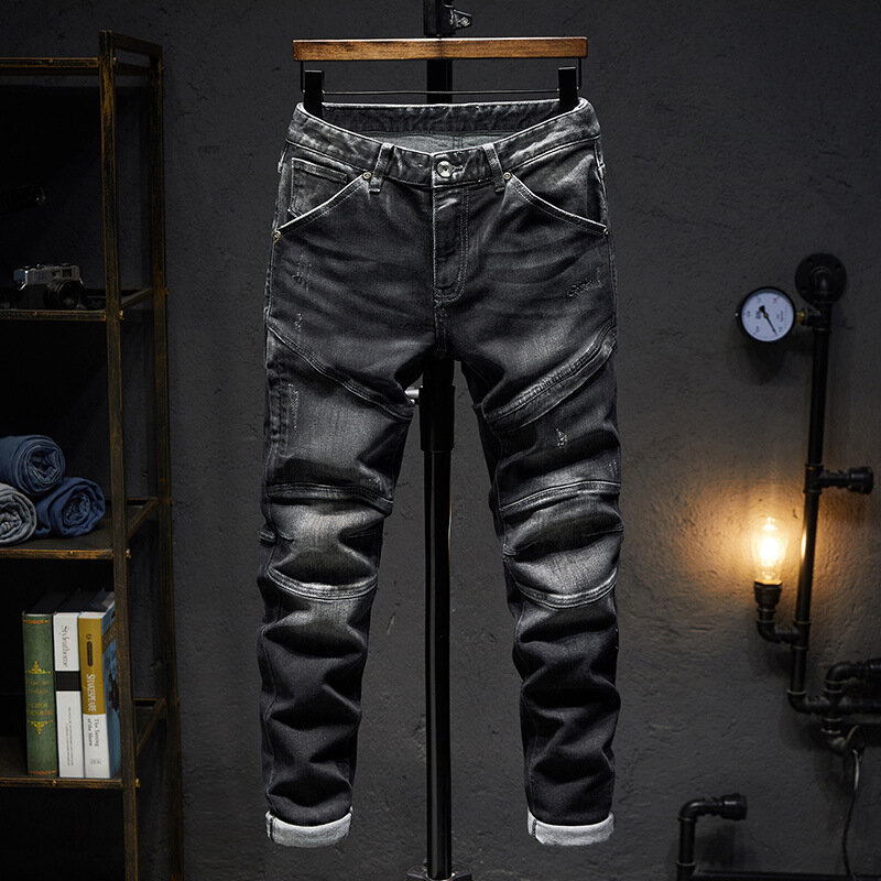 Pantalones vaqueros negros para hombre, Jeans elásticos de alta calidad con costuras y cremallera americana, ajustados, moda urbana, Otoño, 2024