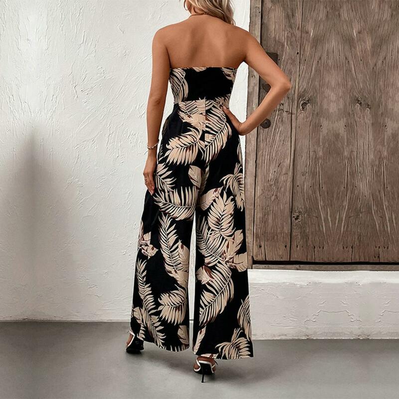Women Summer Jumpsuit Contrast Color Print Lace-up Tight Waist Wide Leg Backless Sleeveless Full Length Vacation Beach Jumpsuit