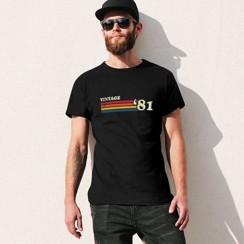 Vintage '81 Retro Strepen T-Shirt Zwarten Effen Heren Grappige T-Shirts