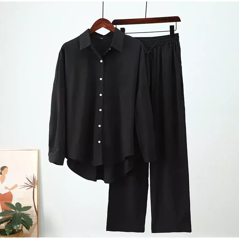 Wakacyjne spodnie z szeroką nogawką dwuczęściowy zestaw kobiet w stylu Vintage Boho Maxi koszula jesień dorywczo luźna praca Streetwear Y2k 2022 stroje