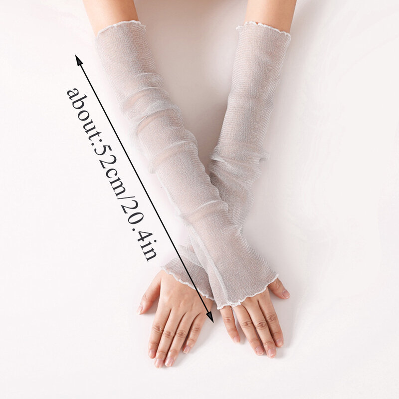 Guantes de gasa transparente ultrafinos para mujer, cubierta de brazo de encaje, protector solar, conducción, mitones largos sin dedos, Verano