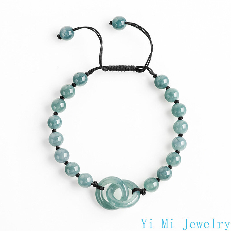 Pulseira de jade natural, água azul, anel de jade duplo, corda artesanal DIY, charme do amor do gelo, presente da sorte